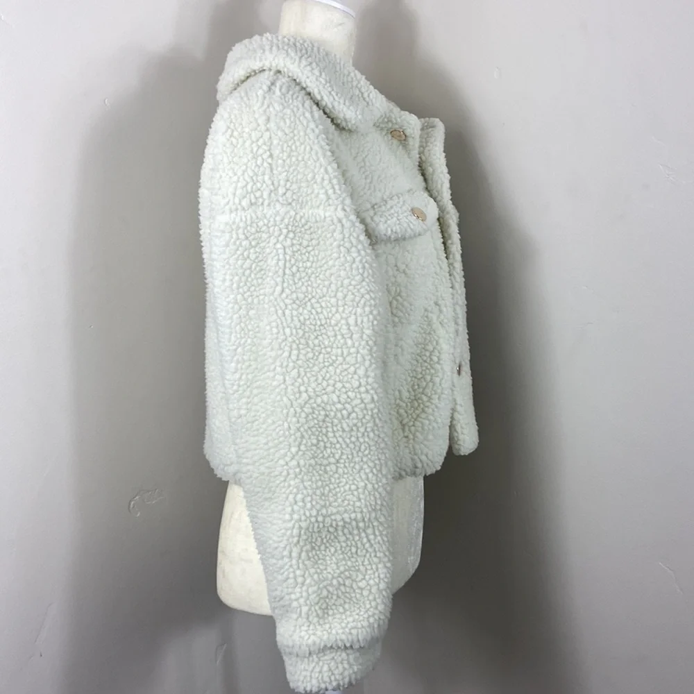 Shein Cream Double Flap Drop Shoulder Cropped Button Up Teddy Jacket XS - Picture 5 of 9